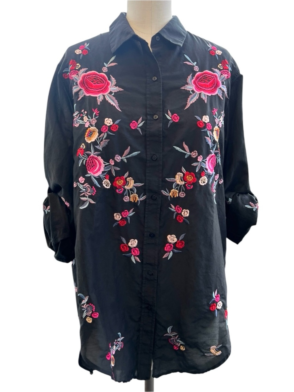 Zara Black Floral Embroidered Button-Down Shirt High/Low